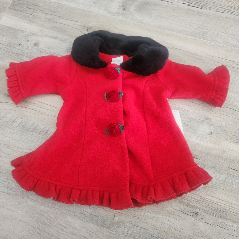 Starting Out Red 3month Fleece Peacoat with Black Collar